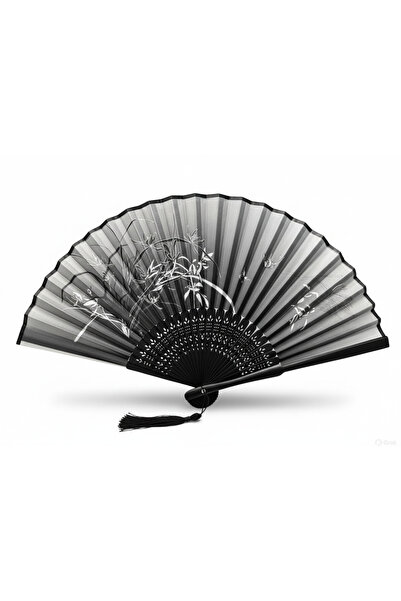 pivok Bambu Yelpaze Siyah Çiçek Kuş Desenli Katlanır El Yelpazesi Orkide Hedi...