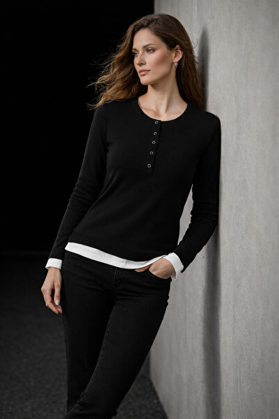 studio fashion 1988 Women's Black Crew Neck Paneled Snap Button Blouse