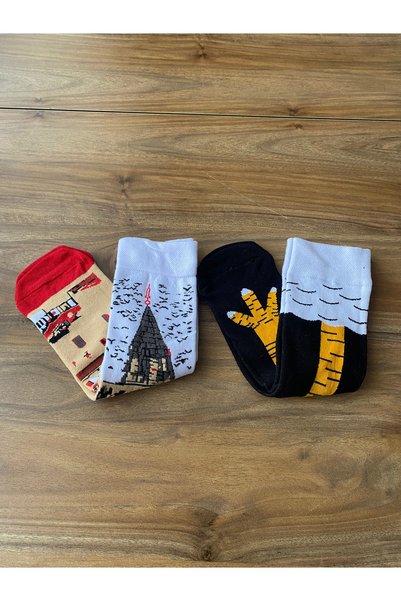Nexa Doğaltaş Galata Tower & Fun Chicken Pattern Colorful Socks – Unisex Cotton Casual Socks