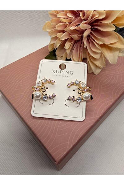 XUPING JEWELRY C Hi̇lal Model Zircon Stone and Pearl Bow Steel Earrings