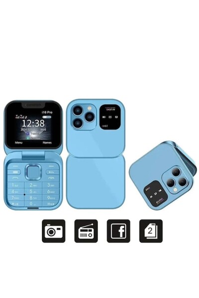 STOREONLINE Telefon mini dual SIM ecran dublu butoane mari lanterna camera albastru