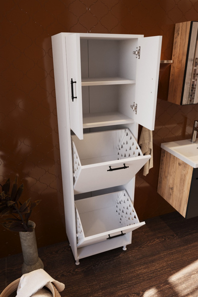 BELMO Atlas İki Sepetli Renkli Beyaz Çamaşır Sepetli Çok Amaçlı Banyo Dolabı