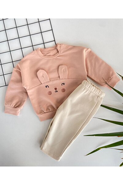 Bebbek pudra renk tavşan detaylı kız bebek 2'li takım