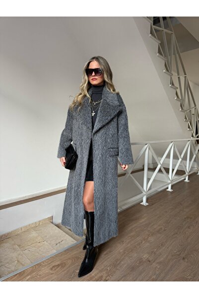 2she Beli Kuşaklı Cepli Premium Yünlü Kaban - Gri