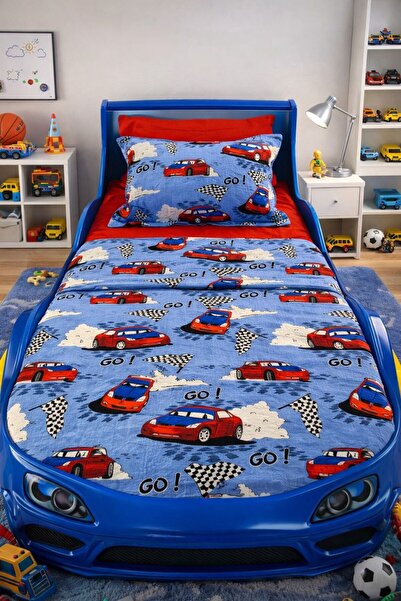 Bizdenuygunuyok Single Person Car Patterned Pique Set 4 Pieces |   100% Cotto...