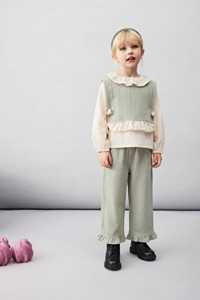 Magu Girl's Cotton Sage Green Lace Ruffle 3-Piece Set - Vest Blouse Pants