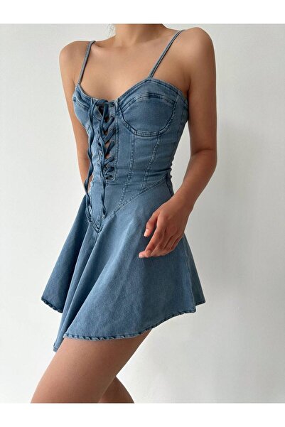 hillone Full Likralı Askılı Mini Denim Elbise