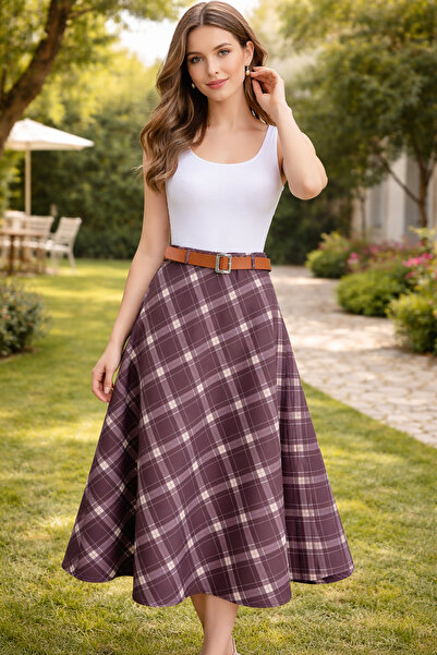 Mihvera Plaid Belted A-Line Midi Skirt
