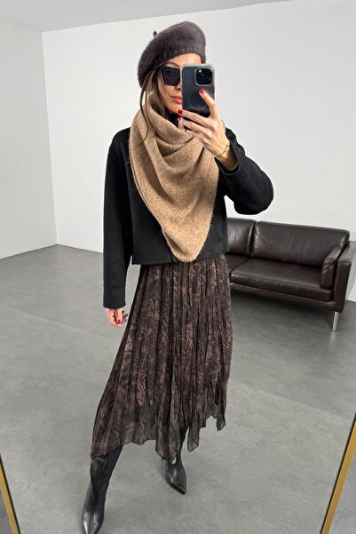 5in1Canpolat Brown Asymmetrical Cut Chiffon Skirt 22785