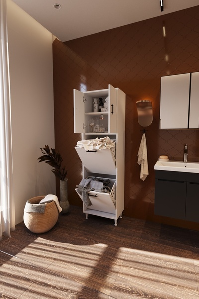 BELMO Atlas İki Sepetli Renkli Beyaz Çamaşır Sepetli Çok Amaçlı Banyo Dolabı