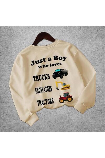 Kids Çocuk Bej Erkek Çocuk Sırt İş Makineleri Baskılı Sweatshirt