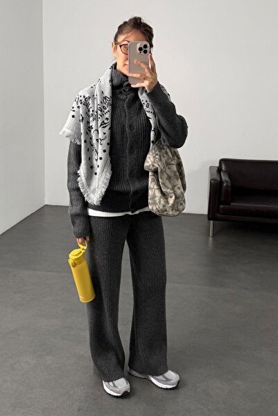 5in1Canpolat Anthracite Buttoned Front Knitwear Set 2583