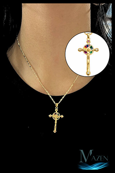 MAZEN İsa Figürlü Crucifix Çarmıh Kolye | Gold Renk Ezme Pullu Zincir | Unise...