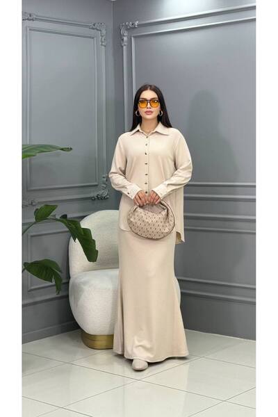 Cannes Nora Ekru Stretch Fabric Shirt Collar Double Skirt Set