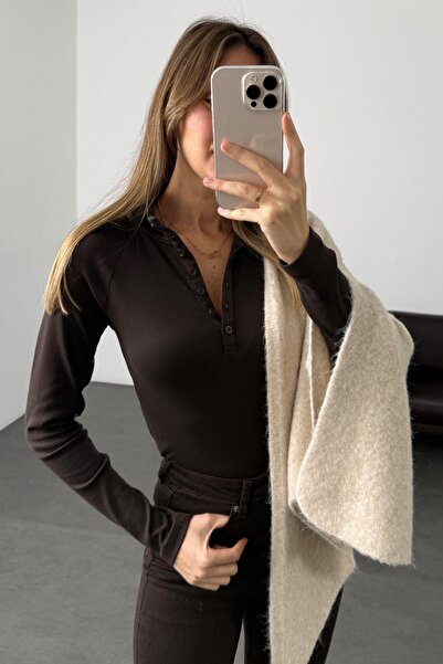 5in1Canpolat Brown Half Buttoned Mock Neck Blouse 17267