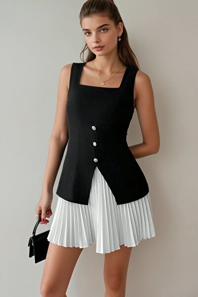 OLSAMODA Women's Skirt with Pleats and Silver Button Detail, Square Neck, Sle...