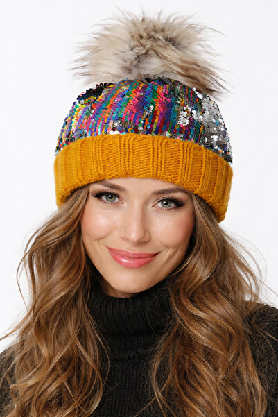 laviyonsa Double-Layer Knitted Beanie with Sequins and Sequins