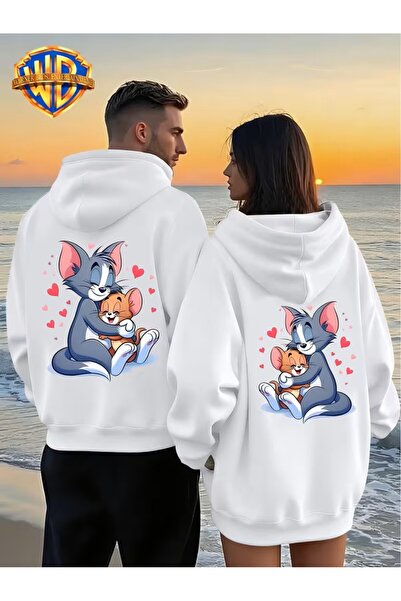 oneagılyazı Tom and Jerry Themed Printed Casual Fashion K Hooded Sweatshirt for Couples,