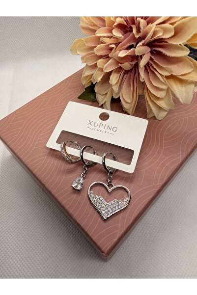 XUPING JEWELRY Zircon Stone Heart Model 3-Piece Steel Earring Set