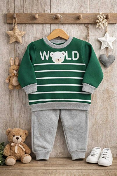 krm kerem bebe Thick Fleece Inside Striped Teddy Bear B Printed Baby Boy-Child Set