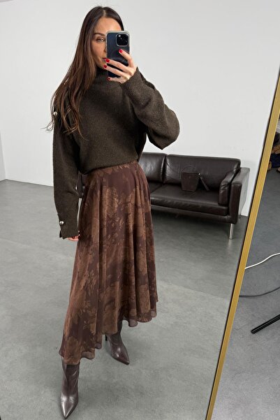 5in1Canpolat Brown Patterned Chiffon Maxi Skirt 0613