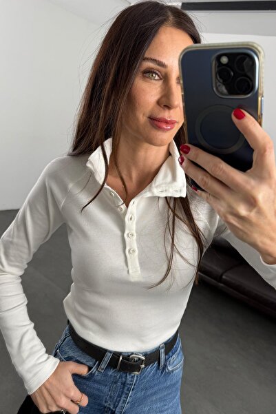 5in1Canpolat Ecru Half Buttoned Mock Neck Blouse 17267