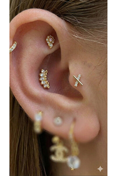 Aktemur Silver 925 Ayar gümüş Zirkon Taşlı X Tragus Helix Piercing