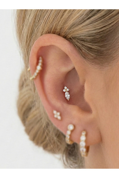 Aktemur Silver 925 Ayar Gümüş Damla Taşlı Lotus Çiçeği Tragus Helix Piercing