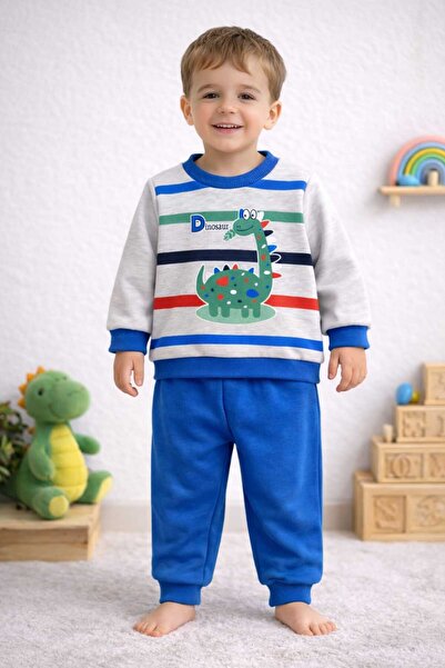 krm kerem bebe Dinosaur Patterned Thick Winter Baby & Kids Set with Fleece Inside