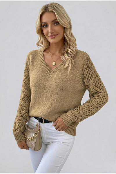 MetuCA Women's Camel V-Neck Sleeves Lace-Like Knit Knit Detailed Draped Comfo...