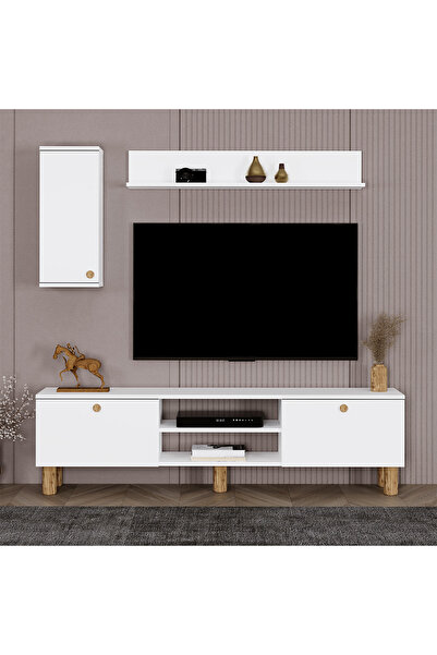 Kalender Dekor Mert Bohem Ayaklı Kapaklı Tv Ünitesi Tv Sehpası 140 cm. Beyaz