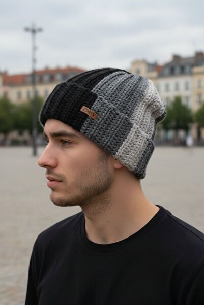 Çimen Butikk Hand Knitted Black Gray 3 Color Beret |   Unisex, 32X39 cm