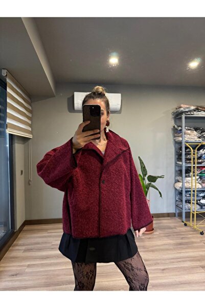 SEVA TEKSTİL Burgundy Poncho Crochet Curly