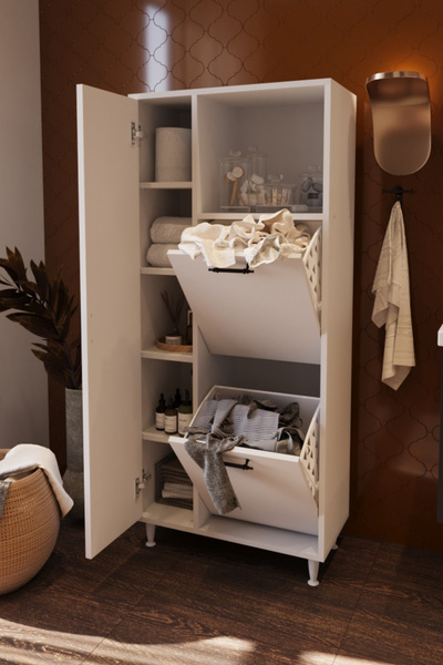 BELMO Mars İki Sepetli Renkli Beyaz Çamaşır Sepetli Çok Amaçlı Banyo Dolabı