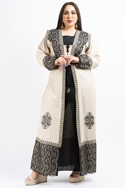 Zainah Elegant Beige & Black Lace Abaya Set - Square Neck Long Sleeve Modest ...