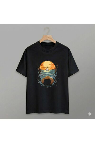 CLASSY.MODA Μπλουζάκι Unisex Oversize με στάμπα πλοίου με θέα στο ηλιοβασίλεμα