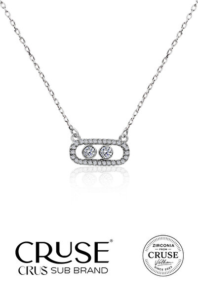 Cruse 925 Ayar Gümüş Hareketli Taşlı Çift Işıltı Kolye 18 Ayar Beyaz Altın Ka...