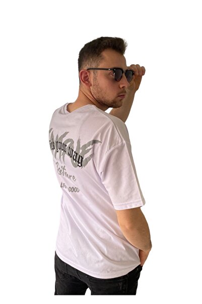 Erkek Tişört Baskılı Bisiklet Yaka Oversize Beyaz Comfort T-shirt Erkek Tshirt