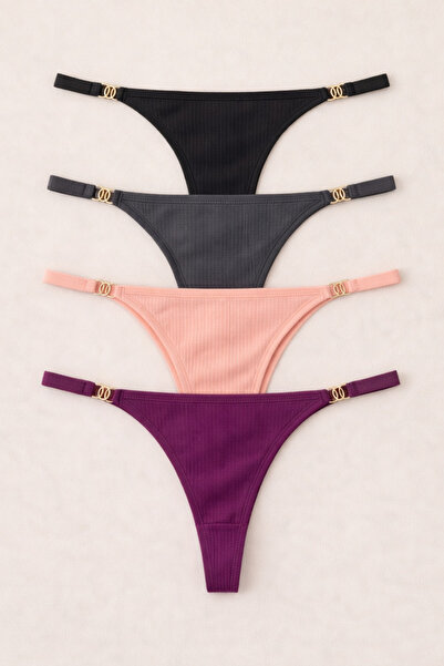 Oprah 4 Lü Paket Gold Aksesuar Detaylı Pamuk Örme String Külot