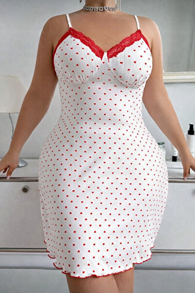 Oprah Kadın Kırmızı Dantelli Kalp Desenli Askılı Kadın Gecelik Ev Elbise