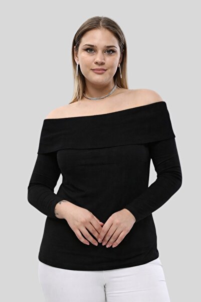 Seamoda Plus Size Madonna Collar Stretch Fabric Ribbed Blouse-Black