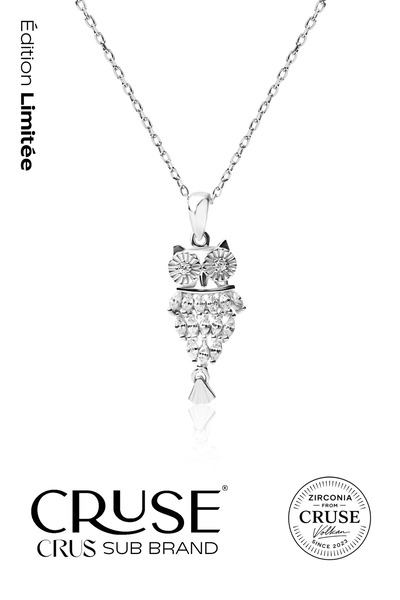 Cruse 925 Ayar Gümüş Pavé Taşlı Baykuş Kolye 18 Ayar Beyaz Altın Kaplama