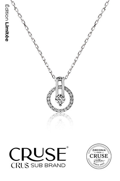 Cruse 925 Ayar Gümüş Pavé Taşlı Daire Kolye 18 Ayar Beyaz Altın Kaplama