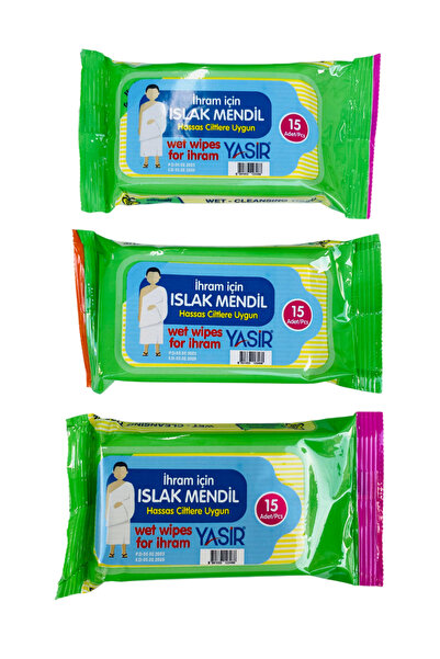 Yasir Kokusuz Islak Mendil (3 Paket=45 Adet)...İhram Islak Mendil...Hac-Umre ...