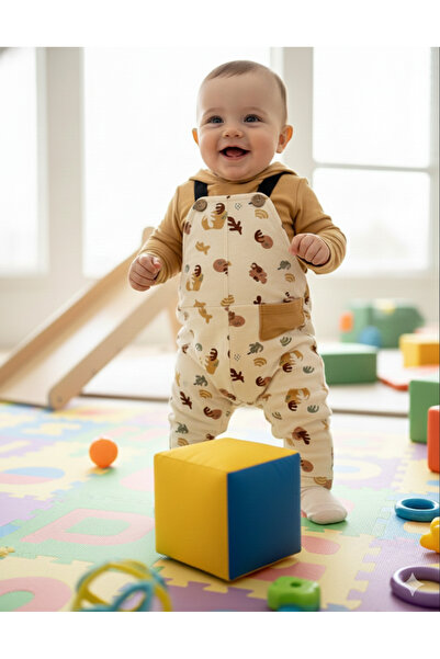 BEREN Bebek Soyut Figürlü Pamuklu Salopet ve Sweatshirt 2'li Takım - Modern D...