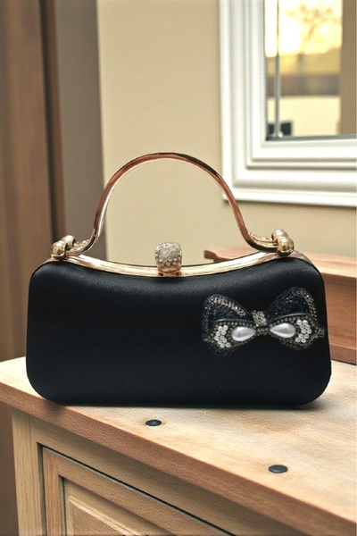 Famels Women's Black Satin Gold Case Evening Dress Bag with Zircon Stones Is ...