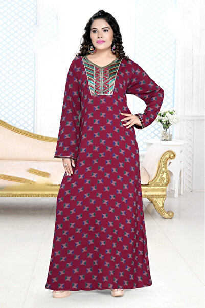 Zainah Rayon Viscose Casual Jalabiya - Full Print Maxi Dress with Intricate Neck Embroidery & Long Sleeves