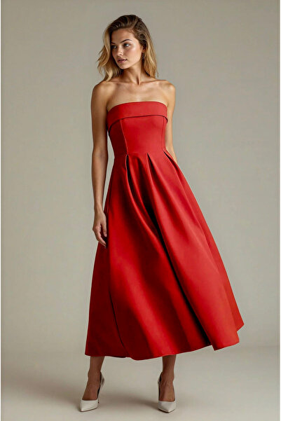 OLSAMODA Women's Atlas Fabric Strapless Collar Blouse Cut Long Length Wedding Engagement Invitation Dress