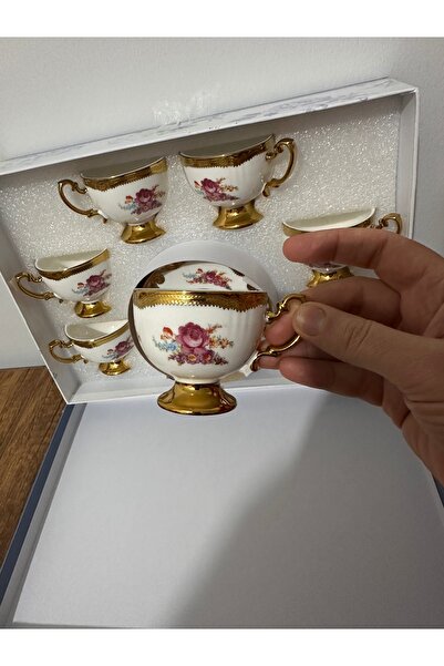 Arya Vintage Türk kahvesi fincanı 6 kişilik gold detaylı çiçekli kahve fincanı
