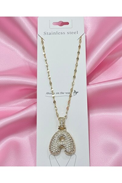 EFSU BİJUTERİ 316L Paslanmaz Çelik Taşlı Gold A Balon Harf Kolye